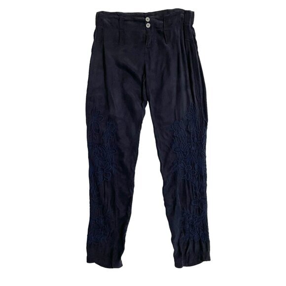 Johnny Was Pete & Greta Navy Blue Embroidered Pants SZ 4...